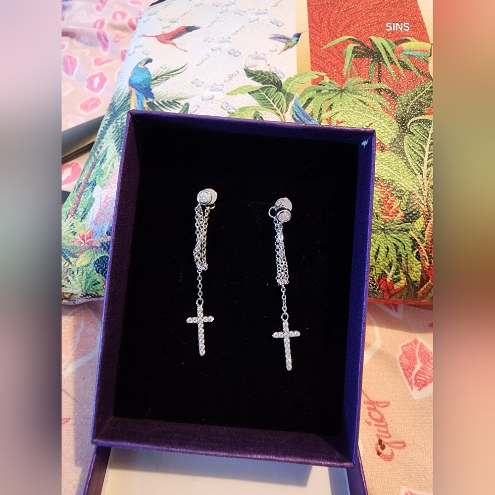 Moissanite 925 Sterling Silver Cross Dangle Earrings